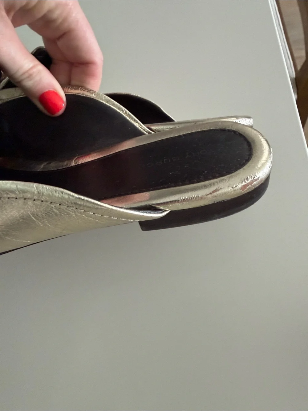 Tory Burch Metallic Gold Slip-On Mule with Logo Plaque